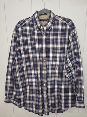 VTG  Tommy Hilfiger Navy, White & Red Plaid Button-Down Shirt Thick Cotton Y2K L